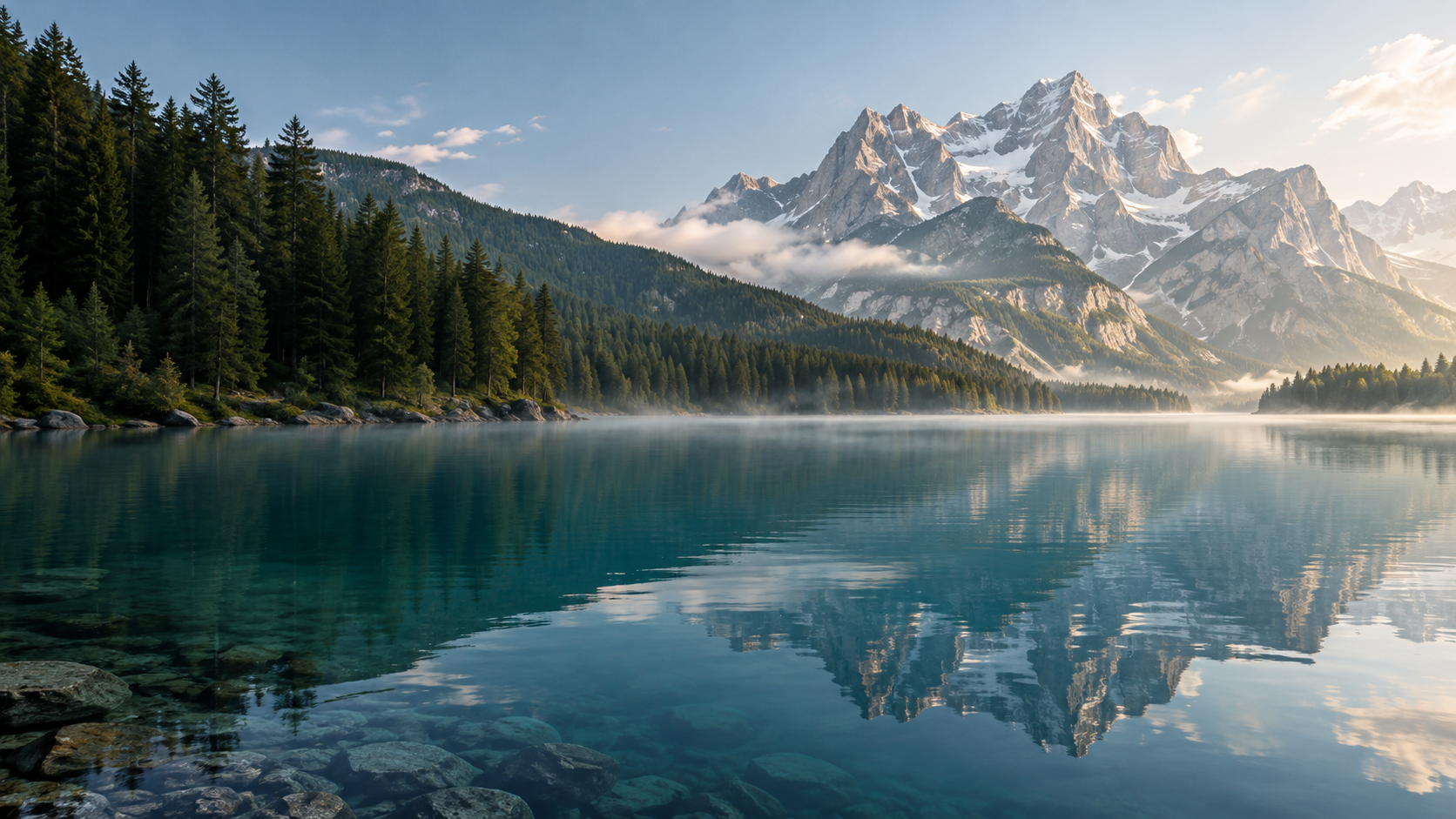 Türkisfarbener Alpensee zwischen bewaldeten Ufern und hohen Bergen – illustratives Reisemotiv [Bildinhalt mit KI erstellt]